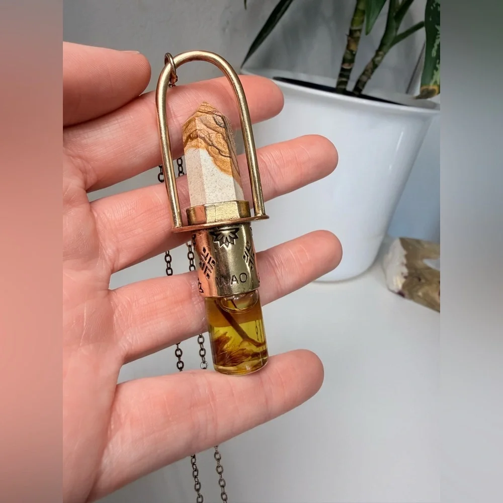 NWOT - Handmade Brass Essential Oil Rollerball Necklace with Ocean Jasper Stone
